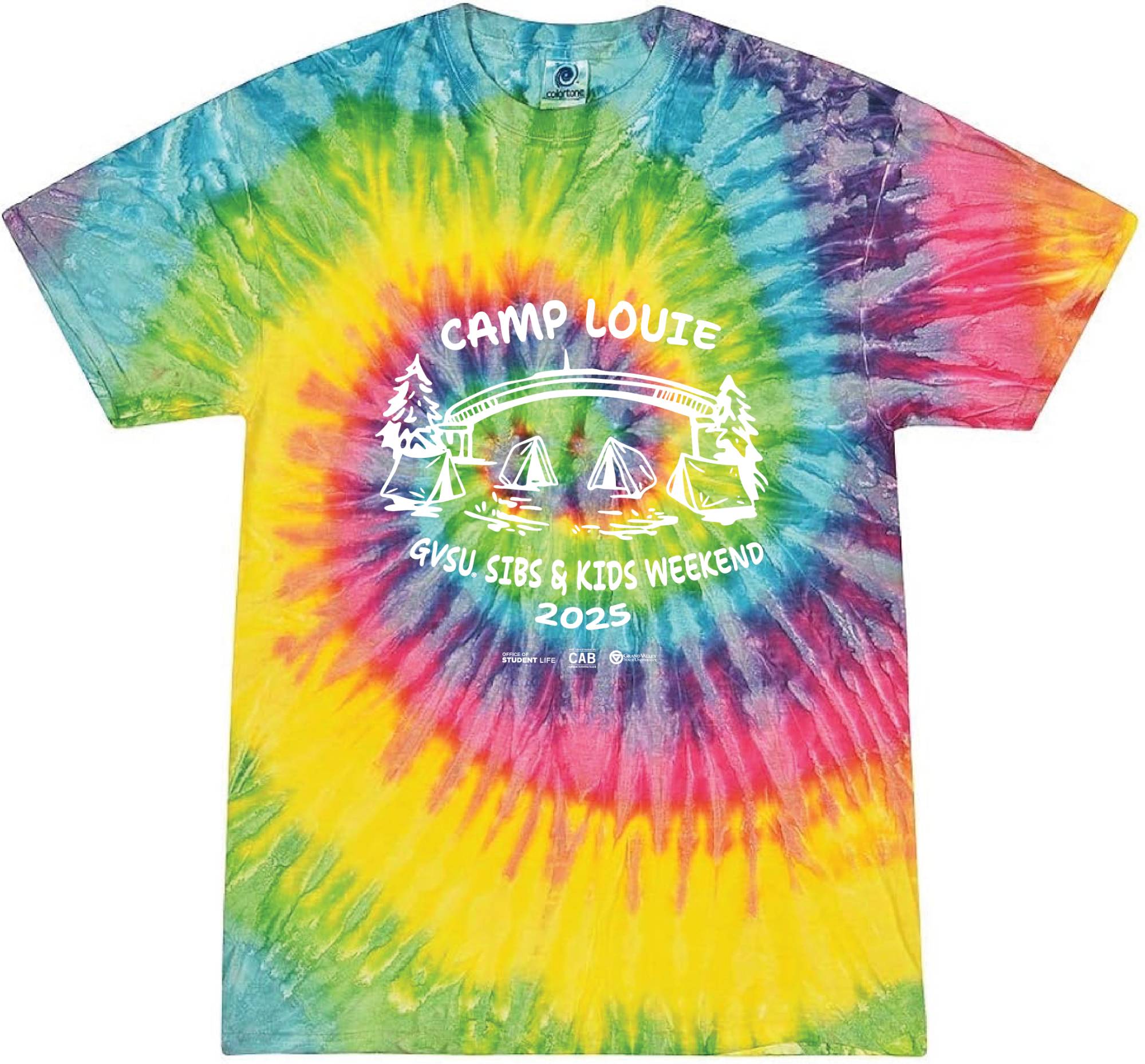 Rainbow tie-dye t-shirt with a white design that consists of tents under the Grand Valley State University arch. Text on the t-shirt reads Camp Louie GVSU Sibs and Kids Weekend 2025